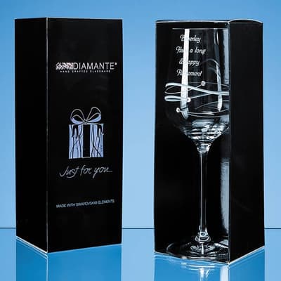 Custom Printed Just For You Diamante Wine Glass with Spiral Design Cutting in an attractive Gift Box