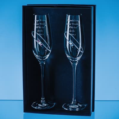 Custom Printed 2 His & Hers Diamante Champagne Flutes with Orbital Design in an attractive Gift Box