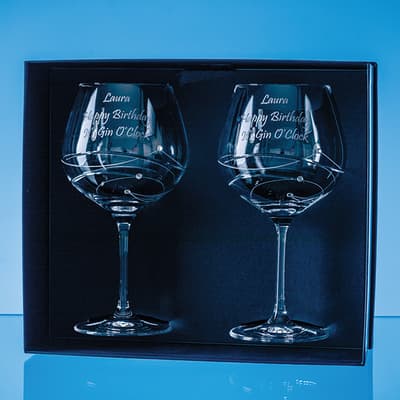 Custom Printed 2 Diamante Gin Glasses with Spiral Design Cutting in an attractive Gift Box