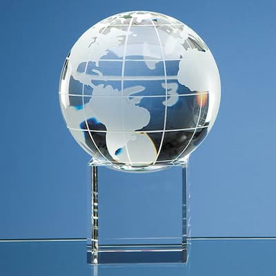 Promotional 10cm Optical Crystal Globe on a Clear Crystal Base