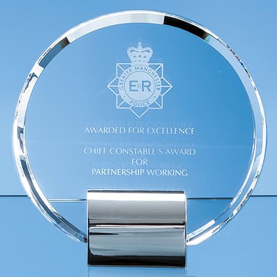 Promotional 17.5cm Optical Crystal Circle mounted on a Chrome Stand