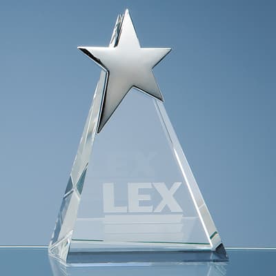 Promotional 20cm Optical Crystal Triangle Award with Silver Star