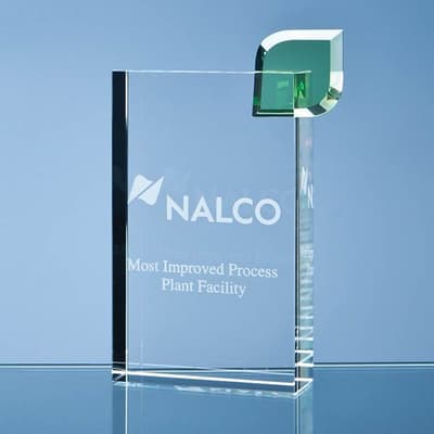 Promotional 17cm Optical Crystal Eco Excellence Award with a Single Green Leaf