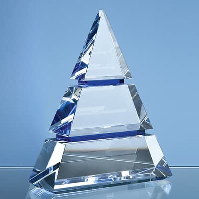 Promotional 15cm Clear Optical Crystal Luxor Award with 2 Cobalt Blue Lines