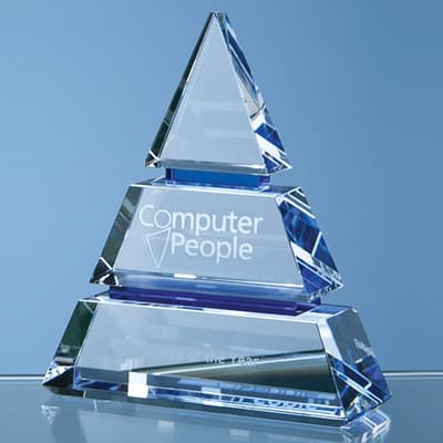 Promotional 18.5cm Clear Optical Crystal Luxor Award with 2 Cobalt Blue Lines