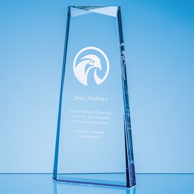 Promotional 23cm Optical Crystal Facet Top Tapered Rectangle with a Cobalt Blue Base