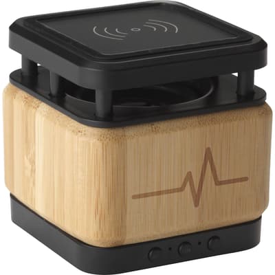 Bamboo block speaker with wireless charger