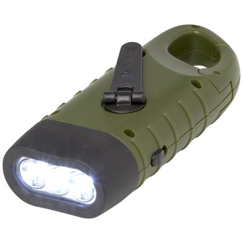 Branded Helios recycled plastic solar dynamo flashlight with carabiner