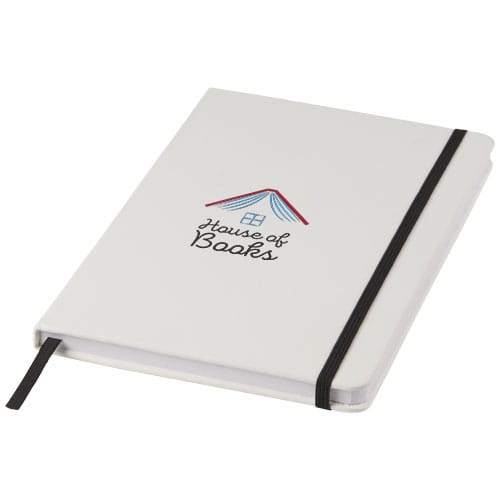 Promotional Spectrum A5 white notebook with coloured strap