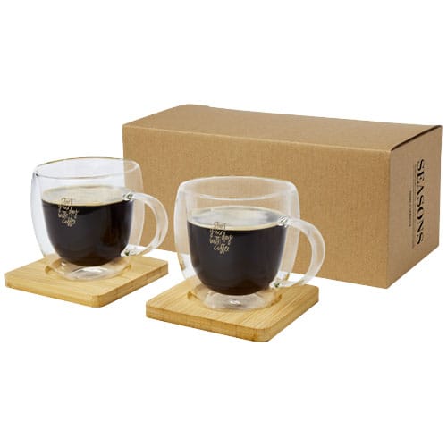 Custom Printed Manti 2-piece 250 ml double-wall glass cup with bamboo coaster 