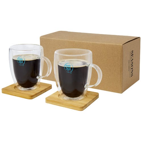 Custom Printed Manti 2-piece 350 ml double-wall glass cup with bamboo coaster 
