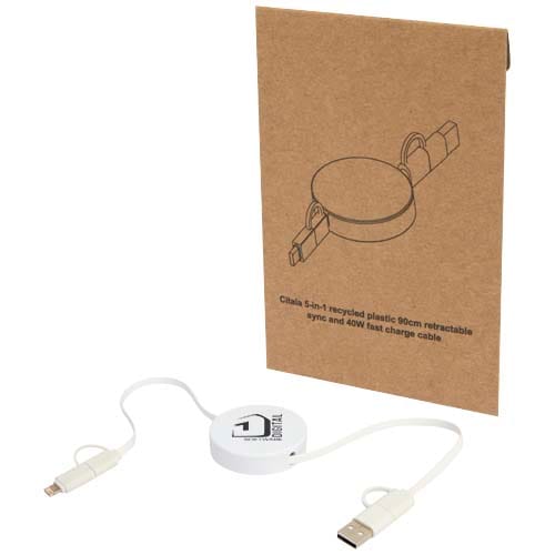 Branded Citala 5-in-1 recycled plastic 90 cm retractable data sync and 40W fast charge cable