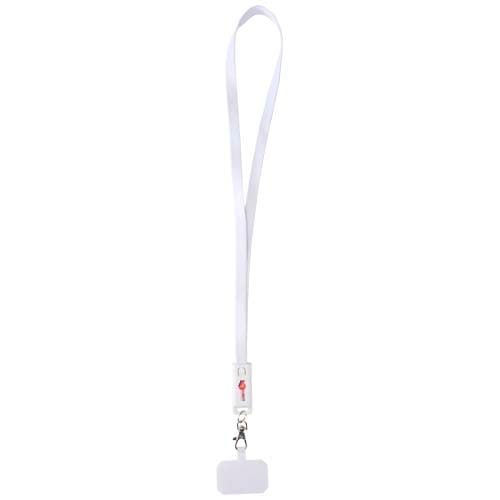 Custom Branded Franz recycled plastic smartphone lanyard with built-in data sync and 65W fast charge 5-in-1 cable