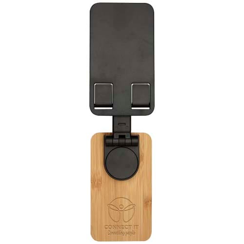 Branded Alfirk recycled plastic foldeable desk phone stand with bamboo details