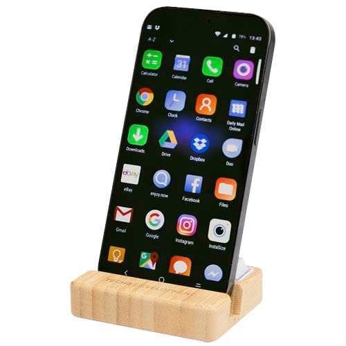 Branded Algol recycled plastic phone stand and fidget toy with bamboo details