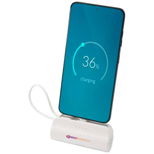 Branded Alnair 5000 mAh 10W recycled plastic Type-C power bank with built-in flip stand and 2-in-1 cable