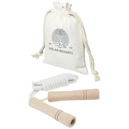Custom Branded Denise wooden skipping rope in cotton pouch