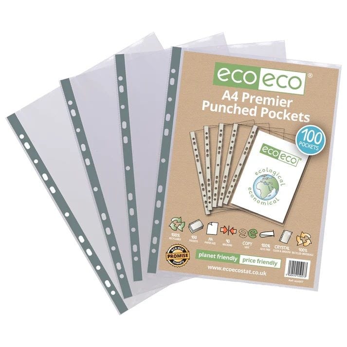Branded Eco-Eco 90 Micron A4 100% Recycled Multi Punched Pockets (UK Stock)