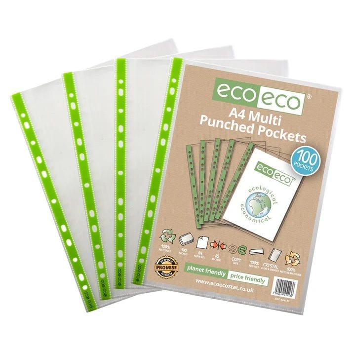 Branded Eco-Eco 65 Micron A4 100% Recycled Multi Punched Pockets (UK Stock)