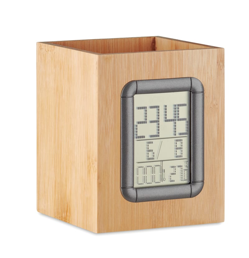 Promotional Bamboo Pen Holder And Lcd Clock