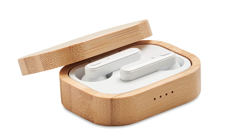 Branded Tws Earbuds In Bamboo Case