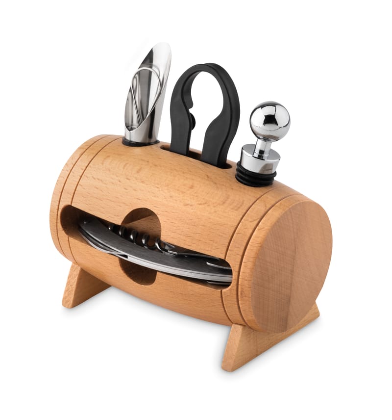 Custom Printed 4 Pcs Wine Set In Wooden Stand