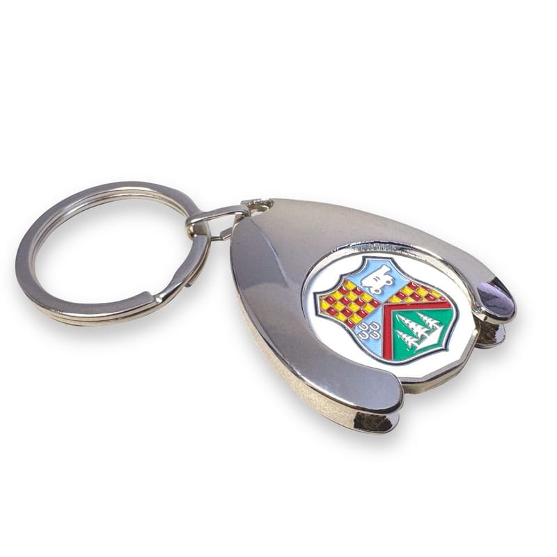 Custom Branded Wishbone Trolley Coin Keyring (Stamped Iron Soft Enamel Infill)